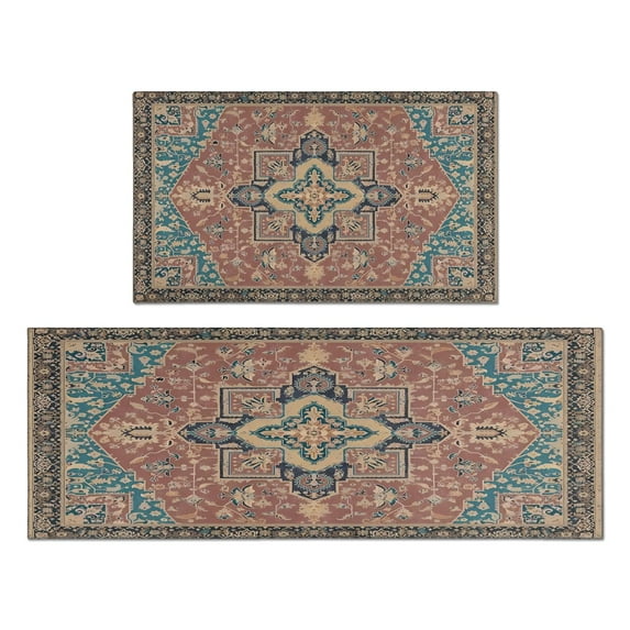 Kitchen Rugs and Mats Non Skid Washable Boho Brown Vintage Carpet Kitchen Mat and Rug Set,Floor Cushion Waterproof Rug,Rubber Backed Area Rugs for Kitchen Laundry