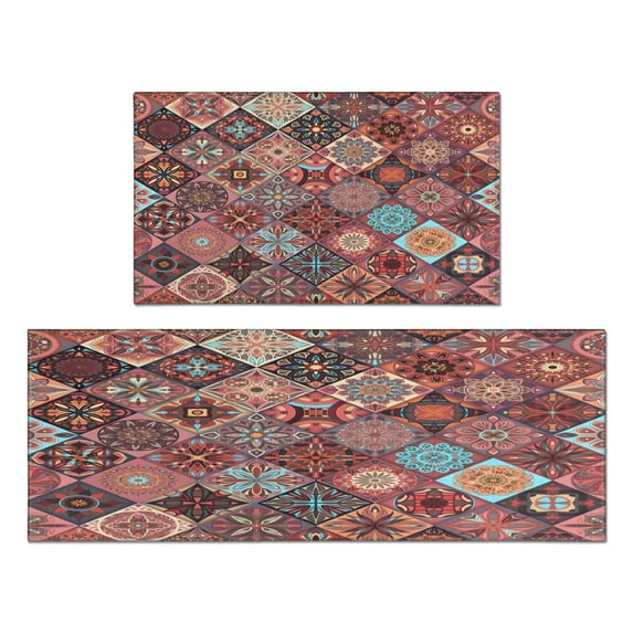 Kitchen Rugs and Mats Non Skid Washable Boho Vintage Red Geometric Design (5) Kitchen Mat and Rug Set,Floor Cushion Waterproof Rug,Rubber Backed Area Rugs for Kitchen Laundry