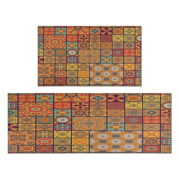 Kitchen Rugs and Mats Non Skid Washable Boho Vintage Red Geometric Design (6) Kitchen Mat and Rug Set,Floor Cushion Waterproof Rug,Rubber Backed Area Rugs for Kitchen Laundry
