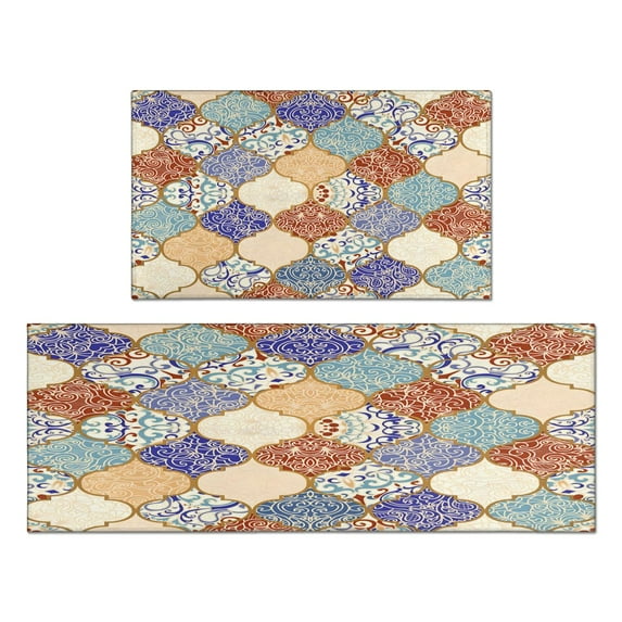 Kitchen Rugs and Mats Non Skid Washable Boho Vintage Square Pattern (7) Kitchen Mat and Rug Set,Floor Cushion Waterproof Rug,Rubber Backed Area Rugs for Kitchen Laundry