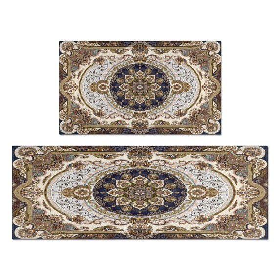 Kitchen Rugs and Mats Non Skid Washable Brown Pattern Bohemia Kitchen Mat and Rug Set,Floor Cushion Waterproof Rug,Rubber Backed Area Rugs for Kitchen Laundry