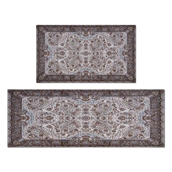 Kitchen Rugs and Mats Non Skid Washable Brown Pattern Bohemia Kitchen Mat and Rug Set,Floor Cushion Waterproof Rug,Rubber Backed Area Rugs for Kitchen Laundry