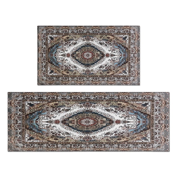 Kitchen Rugs and Mats Non Skid Washable Brown Pattern Bohemia Kitchen Mat and Rug Set,Floor Cushion Waterproof Rug,Rubber Backed Area Rugs for Kitchen Laundry