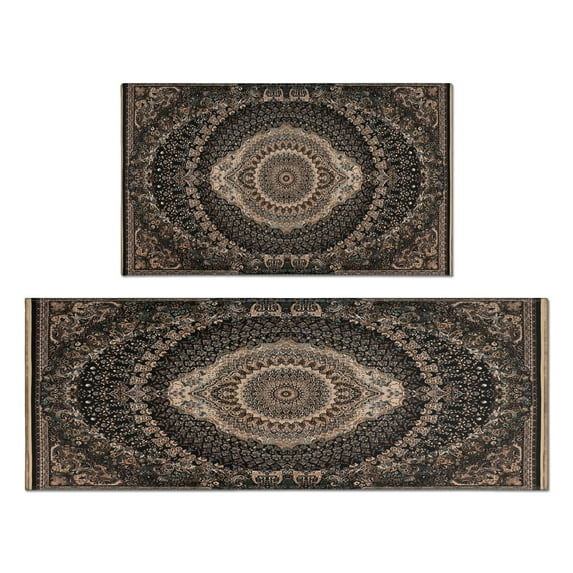 Kitchen Rugs and Mats Non Skid Washable Dark Brown Patterned Bohemia Kitchen Mat and Rug Set,Floor Cushion Waterproof Rug,Rubber Backed Area Rugs for Kitchen Laundry