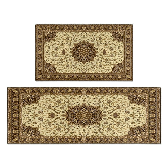Kitchen Rugs and Mats Non Skid Washable Dark Brown Patterned Bohemia Kitchen Mat and Rug Set,Floor Cushion Waterproof Rug,Rubber Backed Area Rugs for Kitchen Laundry