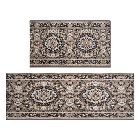 Kitchen Rugs and Mats Non Skid Washable Farmhouse Boho Brown Pattern Kitchen Mat and Rug Set,Floor Cushion Waterproof Rug,Rubber Backed Area Rugs for Kitchen Laundry