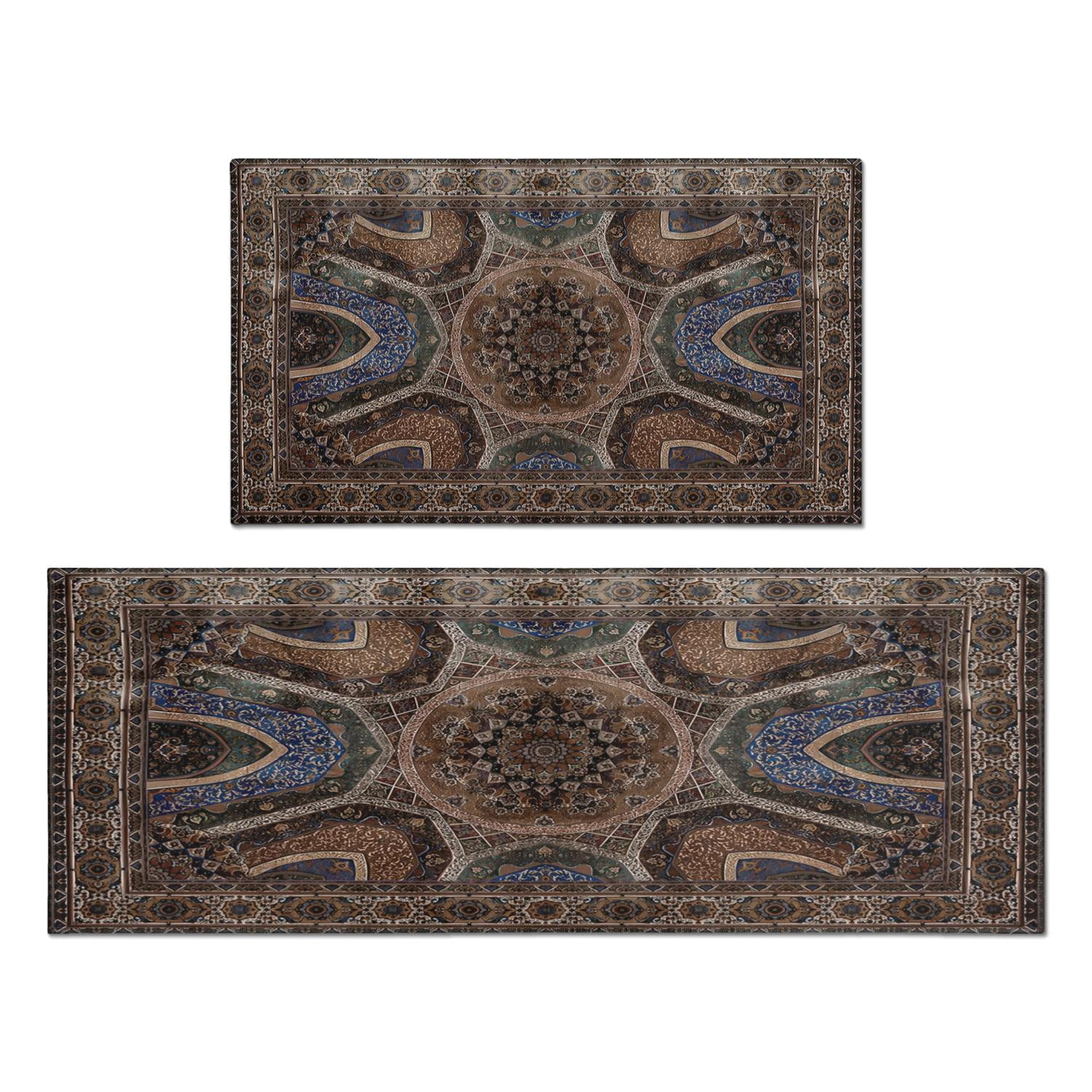 Rubber Back Area Rug Kitchen Rugs and Mats Non Skid Washable Farmhouse Boho Brown Pattern ...