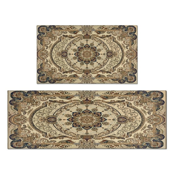 Kitchen Rugs and Mats Non Skid Washable Farmhouse Boho Brown Pattern Kitchen Mat and Rug Set,Floor Cushion Waterproof Rug,Rubber Backed Area Rugs for Kitchen Laundry