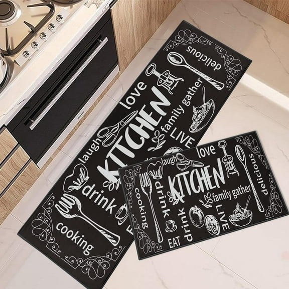 Kitchen Rugs and Mats Non Skid Washable Set of 2, Black Cooking Modern Kitchen Runner Rug, Knife and Fork Kitchen Floor Mat Under Sink Mat Throw Rug for Kitchen Doormat