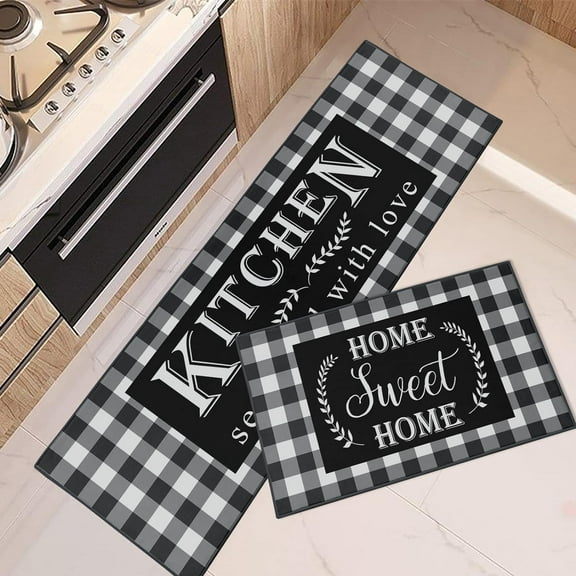 Kitchen Rugs and Mats Non Skid Washable Set of 2, Black White Buffalo Plaid Kitchen Runner Rug, Farmhouse Quotes Home Kitchen Floor Mat Under Sink Mat Throw Rug for Doormat