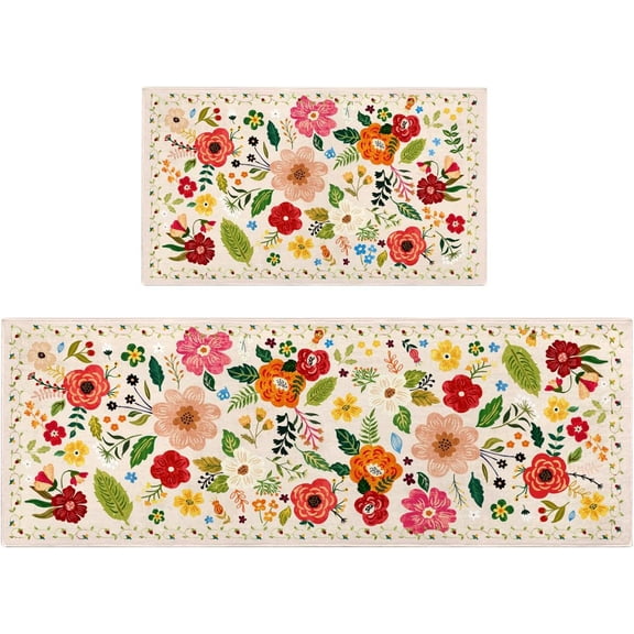 Kitchen Rugs and Mats Non Skid Washable Set of 2,Boho Floral Modern Farmhouse Bohemian Kitchen Runner Rugs with Rubber Backing for Kitchen Decor and Accessories (Beige 17"x47"+17"x30")