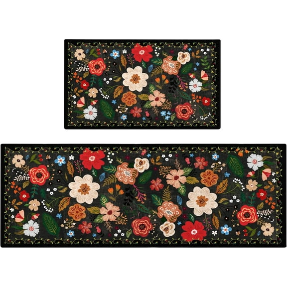 Kitchen Rugs and Mats Non Skid Washable Set of 2,Boho Floral Modern Farmhouse Bohemian Kitchen Runner Rugs with Rubber Backing for Kitchen Decor and Accessories (Black 17"x47"+17"x30")