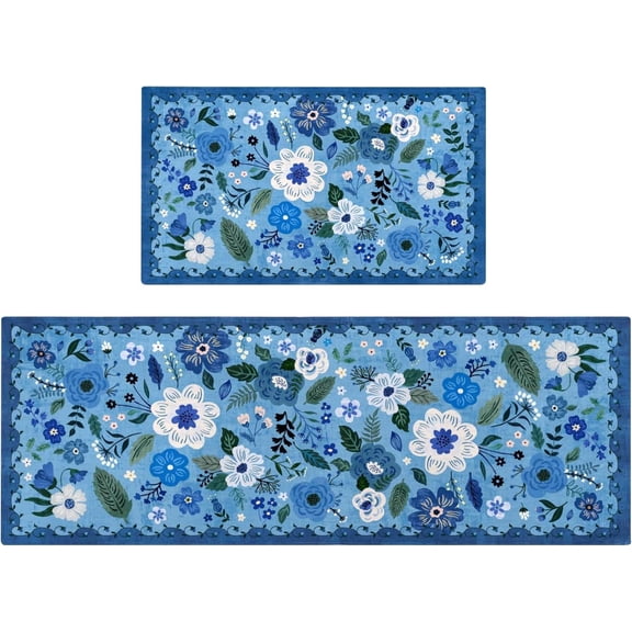 Kitchen Rugs and Mats Non Skid Washable Set of 2,Boho Floral Modern Farmhouse Bohemian Kitchen Runner Rugs with Rubber Backing for Kitchen Decor and Accessories (Blue 17"x47"+17"x30"