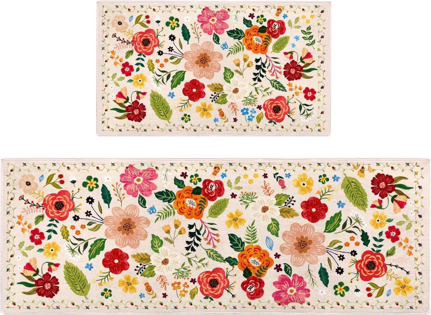 Kitchen Rugs and Mats Non Skid Washable Set of 2,Boho Floral Modern Farmhouse Bohemian Kitchen Runner Rugs with Rubber Backing for Kitchen Decor and Accessories (Green 17"x47"+17"x30")