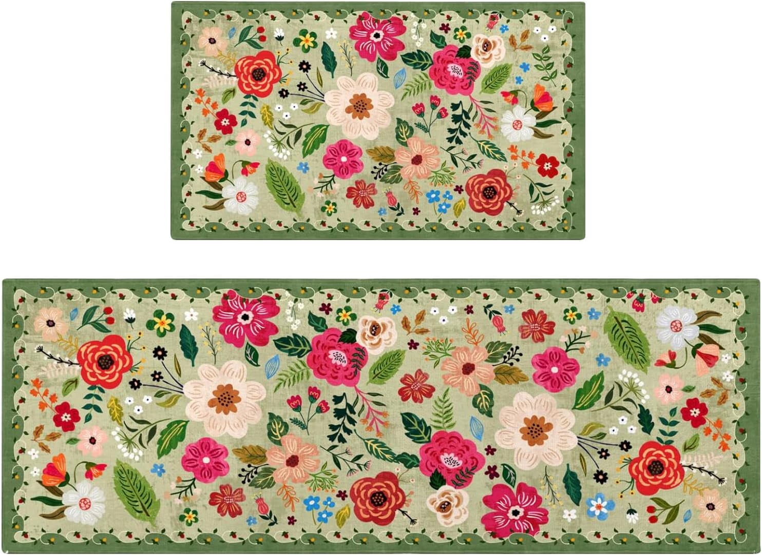 Kitchen Rugs and Mats Non Skid Washable Set of 2,Boho Floral Modern Farmhouse Bohemian Kitchen Runner Rugs with Rubber Backing for Kitchen Decor and Accessories (Green 17"x47"+17"x30")