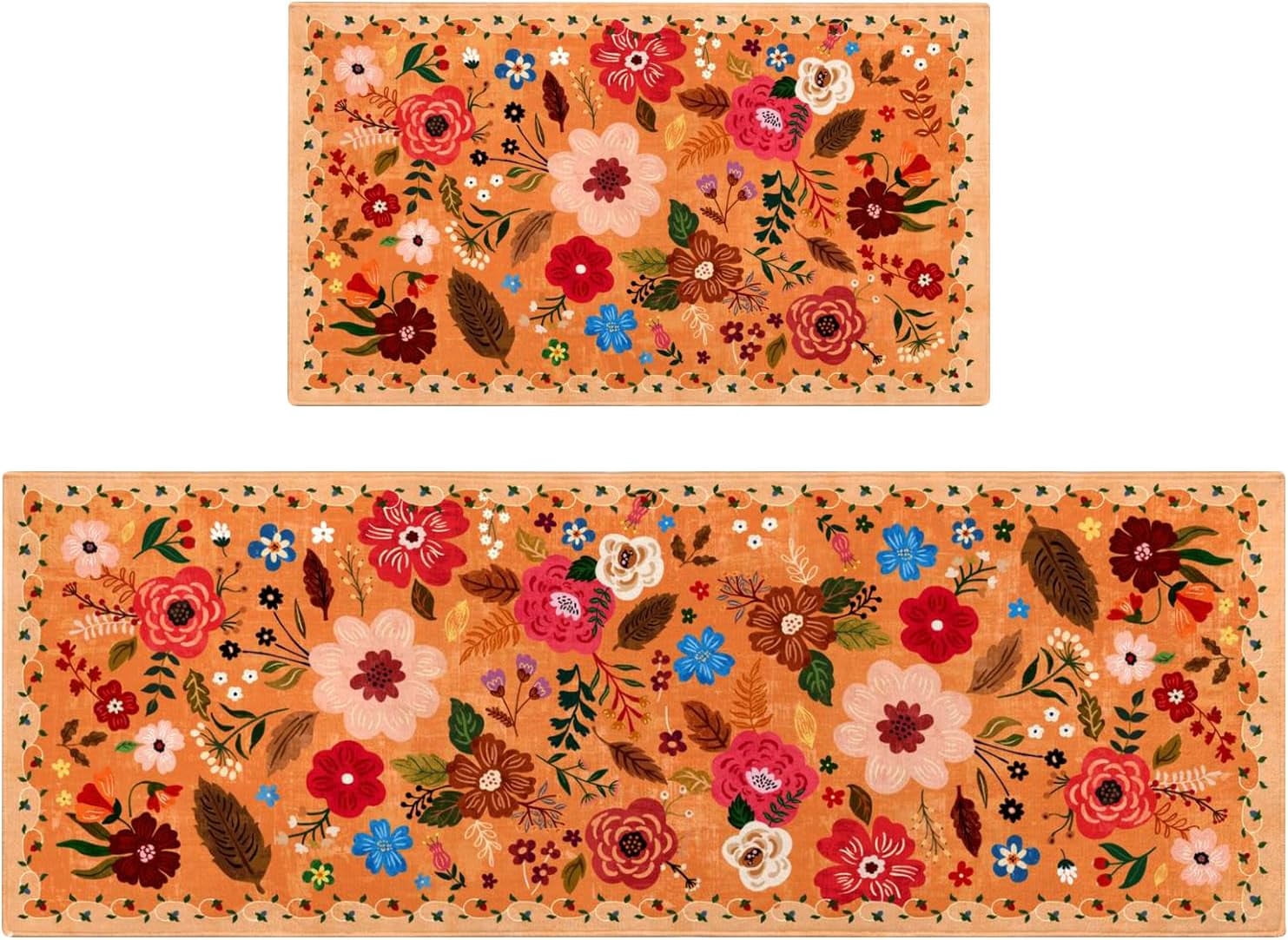 Kitchen Rugs and Mats Non Skid Washable Set of 2,Boho Floral Modern Farmhouse Bohemian Kitchen Runner Rugs with Rubber Backing for Kitchen Decor and Accessories (Green 17"x47"+17"x30")