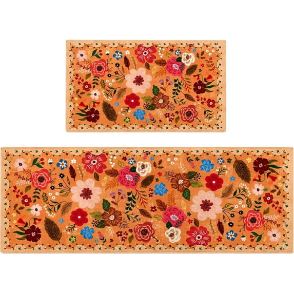 Kitchen Rugs and Mats Non Skid Washable Set of 2,Boho Floral Modern Farmhouse Bohemian Kitchen Runner Rugs with Rubber Backing for Kitchen Decor and Accessories (Green 17"x47"+17"x30")