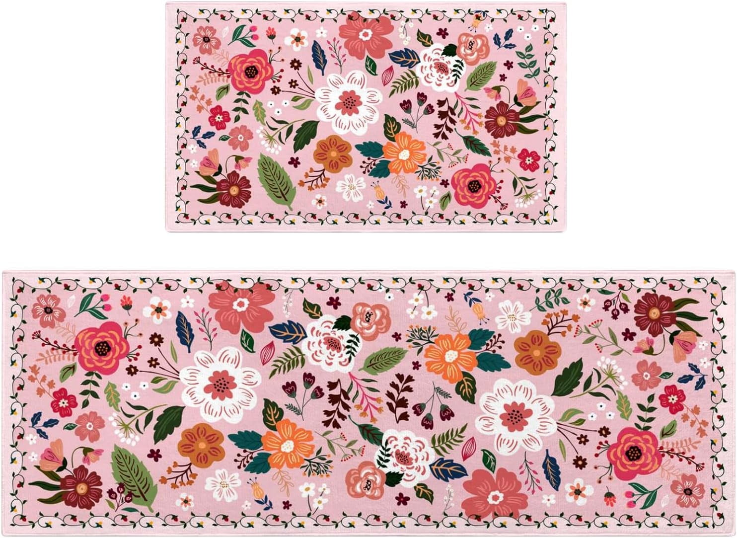 Kitchen Rugs and Mats Non Skid Washable Set of 2,Boho Floral Modern Farmhouse Bohemian Kitchen Runner Rugs with Rubber Backing for Kitchen Decor and Accessories (Green 17"x47"+17"x30")