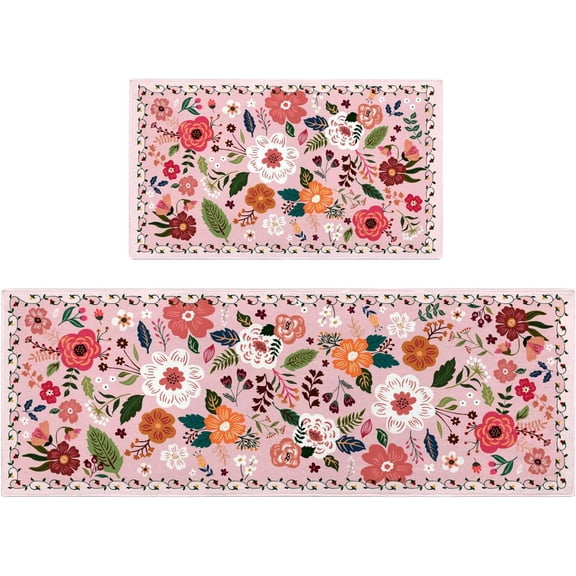 Kitchen Rugs and Mats Non Skid Washable Set of 2,Boho Floral Modern Farmhouse Bohemian Kitchen Runner Rugs with Rubber Backing for Kitchen Decor and Accessories (Pink 17"x47"+17"x30")