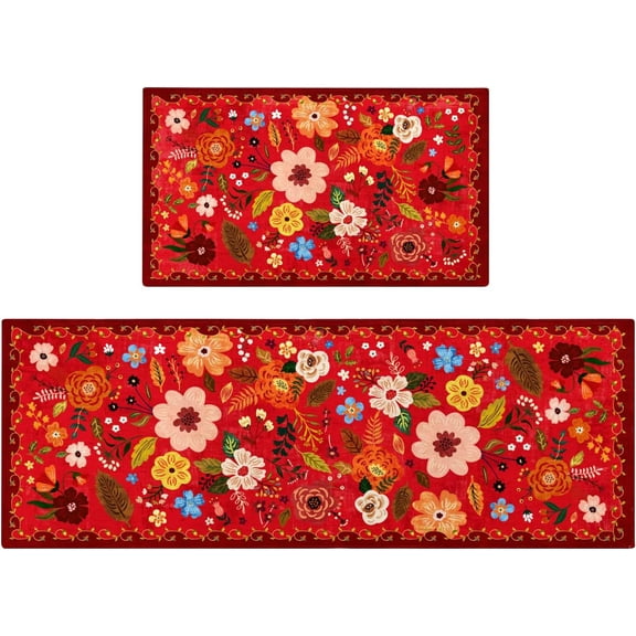Kitchen Rugs and Mats Non Skid Washable Set of 2,Boho Floral Modern Farmhouse Bohemian Kitchen Runner Rugs with Rubber Backing for Kitchen Decor and Accessories (Red 17"x47"+17"x30")