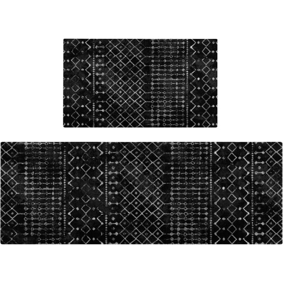 Kitchen Rugs and Mats Non Skid Washable Set of 2,Boho Moroccan Modern Farmhouse Faded Bohemian Runner Rug with Rubber Backing for Kitchen Decor and Accessories (Black 17"x47"+17"x30")