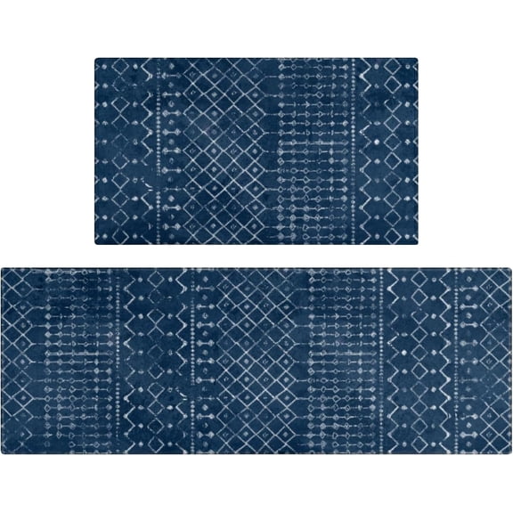 Boho Kitchen Mat Set of 2,Modern Farmhouse Kitchen Rugs and Mats Non Skid Washable,Moroccan Boho Runner Rugs with Rubber Backing for Kitchen Decor and Accessories (Dark Blue 17"x47"+17"x30")