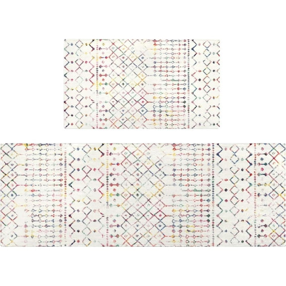Kitchen Rugs and Mats Non Skid Washable Set of 2,Boho Moroccan Modern Farmhouse Faded Bohemian Runner Rug with Rubber Backing for Kitchen Decor and Accessories (Multi Color 17"x47"+17"x30")