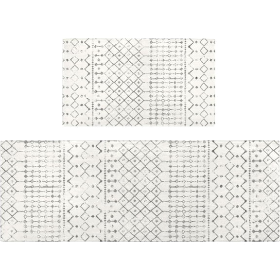 Kitchen Rugs and Mats Non Skid Washable Set of 2,Boho Moroccan Modern Farmhouse Faded Bohemian Runner Rug with Rubber Backing for Kitchen Decor and Accessories (Off-White 17"x47"+17"x30")