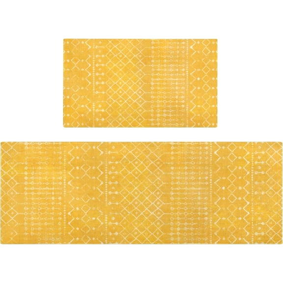 Kitchen Rugs and Mats Non Skid Washable Set of 2,Boho Moroccan Modern Farmhouse Faded Bohemian Runner Rug with Rubber Backing for Kitchen Decor and Accessories (Yellow 17"x47"+17"x30")