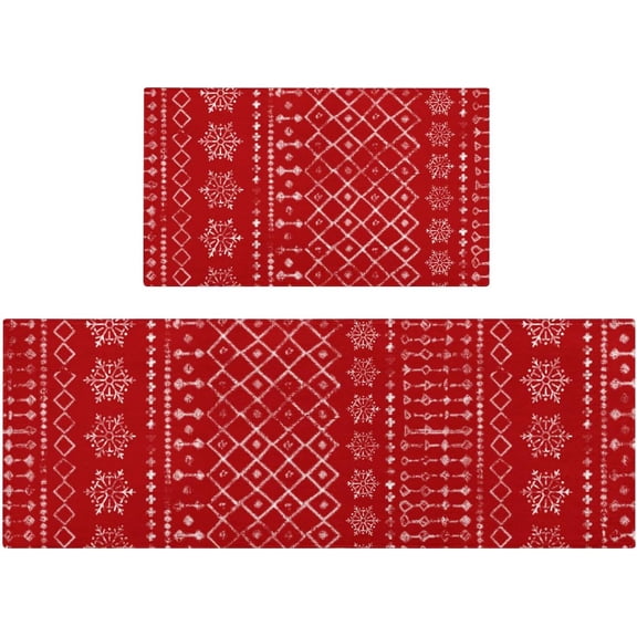 Kitchen Rugs and Mats Non Skid Washable Set of 2,Boho Moroccan Modern Farmhouse Runner Rug with Rubber Backing for Kitchen Decor and Accessories (Red Christmas Snowflake 17"x47"+17"x30")