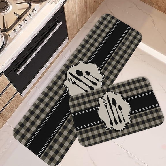 Kitchen Rugs and Mats Non Skid Washable Set of 2, Buffalo Plaid Black Kitchen Runner Rug, Knife and Fork Farmhouse Kitchen Floor Mat Under Sink Mat Throw Rug for Kitchen Doormat