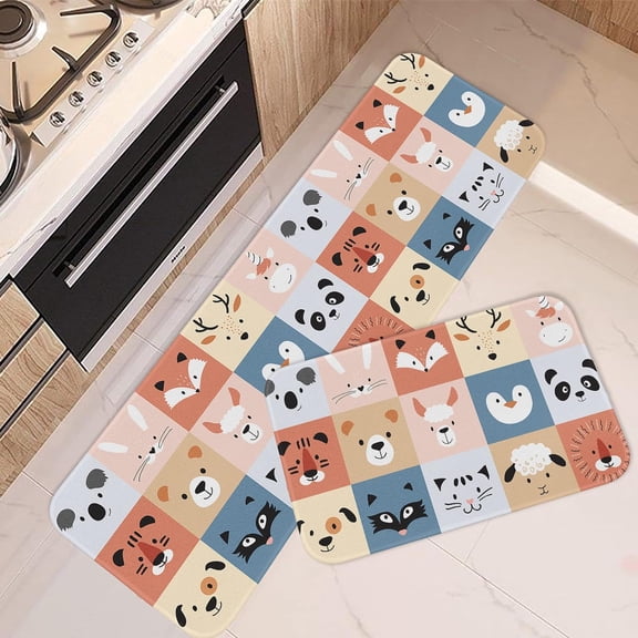 Kitchen Rugs and Mats Non Skid Washable Set of 2, Cute Animals Kitchen Runner Rug, Kid Dog Rabbit Bear Unicorn Cat Kitchen Floor Mat Under Sink Mat Throw Rug for Kitchen Doormat