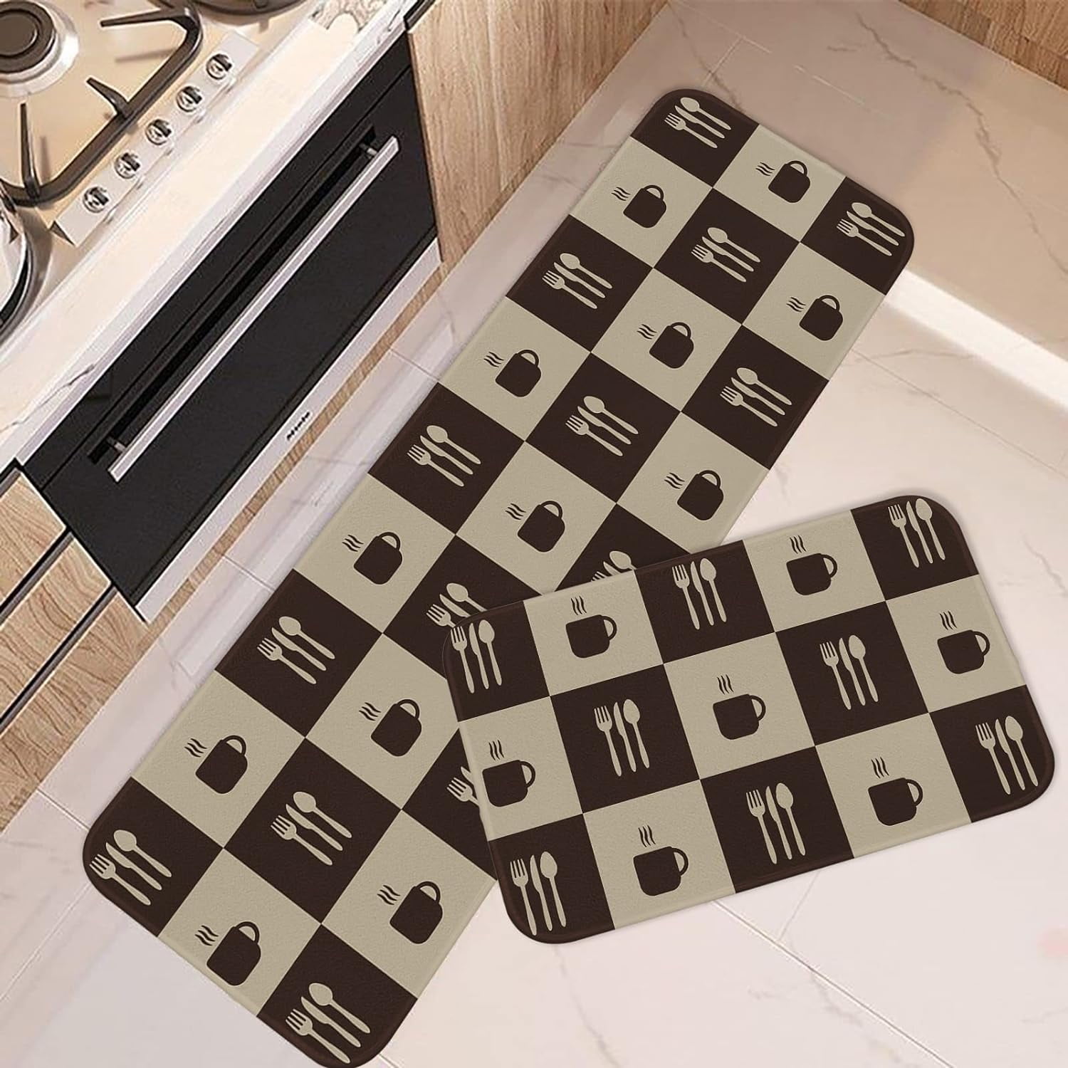 Kitchen Rugs and Mats Non Skid Washable Set of 2, Cutlery Eat Coffee ...
