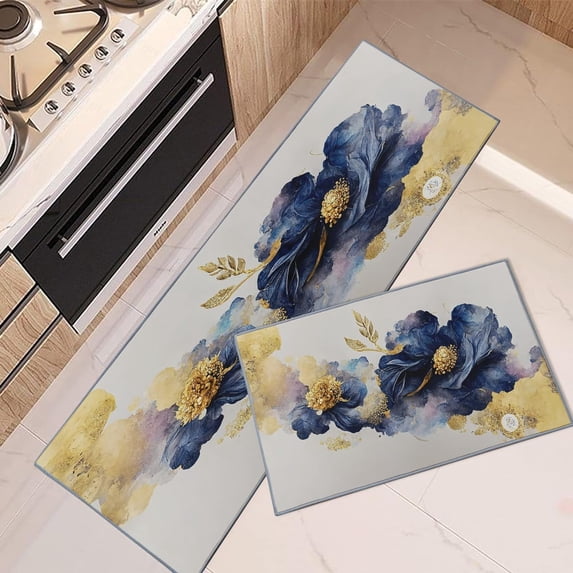 Kitchen Rugs and Mats Non Skid Washable Set of 2, Floral Rose Vintage Kitchen Runner Rug, Marble Navy Kitchen Floor Mat Under Sink Mat Throw Rug for Kitchen Doormat Waterproof