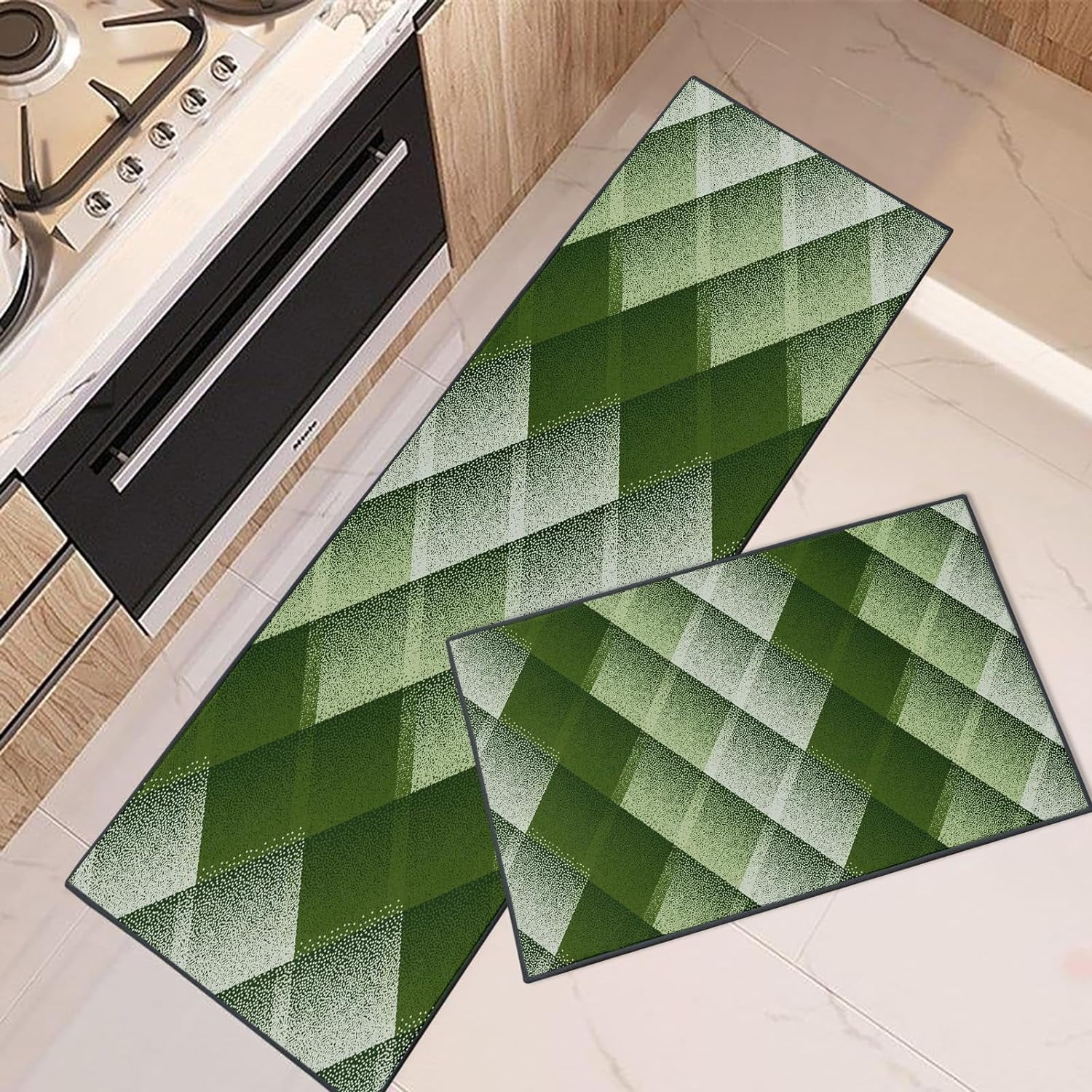 Kitchen Rugs and Mats Non Skid Washable Set of 2, Green Dot Geometric