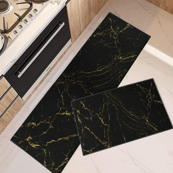 Kitchen Rugs and Mats Non Skid Washable Set of 2, Marble Black Abstract Kitchen Runner Rug, Marble Golden Gold Kitchen Floor Mat Under Sink Mat Throw Rug for Kitchen Doormat