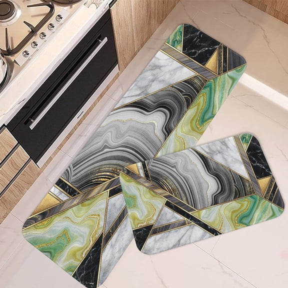 Kitchen Rugs and Mats Non Skid Washable Set of 2, Marble Kitchen Runner Rug, Marble Agate Gold Artificial Stone Kitchen Floor Mat Under Sink Mat Throw Rug for Kitchen Doormat