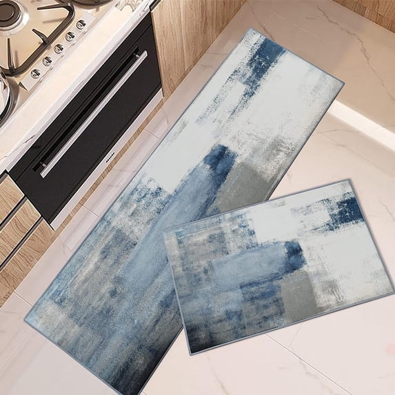 Kitchen Rugs and Mats Non Skid Washable Set of 2, Navy Blue Grey Abstract Kitchen Runner Rug, Painting Gray Vintage Retro Kitchen Floor Mat Under Sink Mat Throw Rug for Doormat