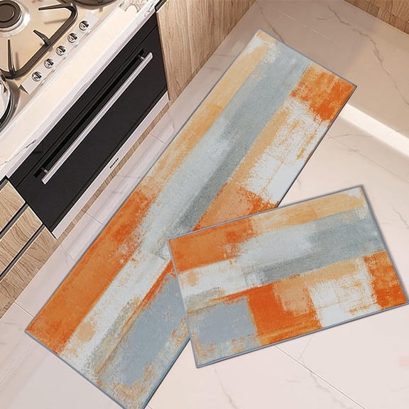 Kitchen Rugs and Mats Non Skid Washable Set of 2, Orange Grey Abstract Kitchen Runner Rug, Painting Gray Vintage Retro Kitchen Floor Mat Under Sink Mat Throw Rug for Doormat Waterproof