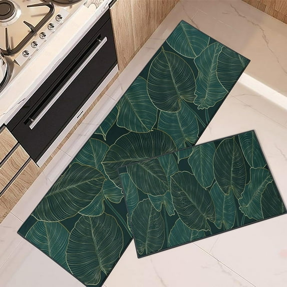 Kitchen Rugs and Mats Non Skid Washable Set of 2, Palm Golden Kitchen Runner Rug, Leaf Luxury Gold Green Floral Kitchen Floor Mat Under Sink Mat Throw Rug for Kitchen Doormat