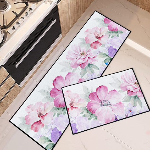 Kitchen Rugs and Mats Non Skid Washable Set of 2, Pink Purple Rose Bloom Floral Kitchen Mats for Floor, Spring Flowers Bouquet Green \u200bLeaf Under Sink Mats for Kitchen