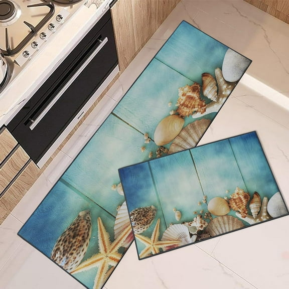 Kitchen Rugs and Mats Non Skid Washable Set of 2, Summer Star Sea Kitchen Runner Rug, Shells Wooden Blue Beach Vintage Kitchen Floor Mat Under Sink Mat Throw Rug for Doormat Waterproof