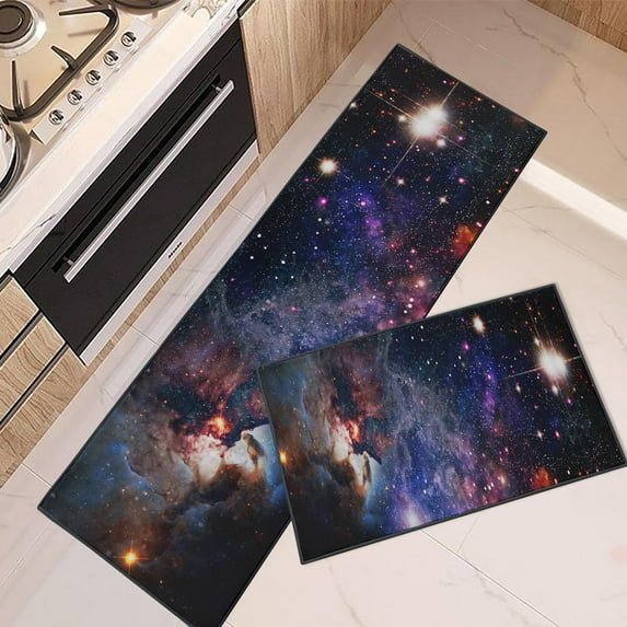 Kitchen Rugs and Mats Non Skid Washable Set of 2, Universe Space Kitchen Runner Rug, Night Sky Stars Kitchen Floor Mat Under Sink Mat Throw Rug for Kitchen Doormat Waterproof