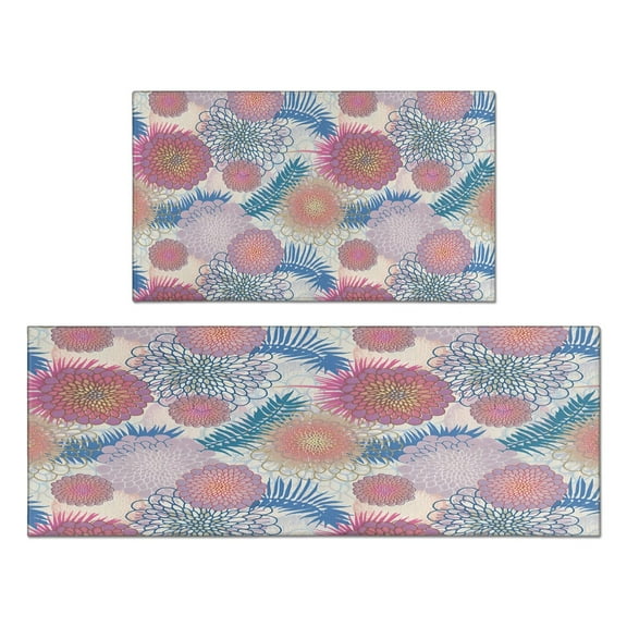 Kitchen Rugs and Mats Non Skid Washable Spring Flowers Summer Kitchen Mat and Rug Set,Floor Cushion Absorbent Rug,Rubber Backed Area Rugs for Kitchen Laundry