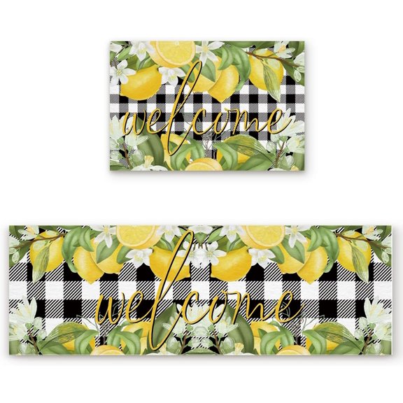 Kitchen Rugs and Mats Non Skid Washable, Summer Black White Checkered Lemon Absorbent Floor Runner Rugs and Carpets for Kitchen, Laundry, Bathroom, Living Room 15.7x23.6+15.7x47.2