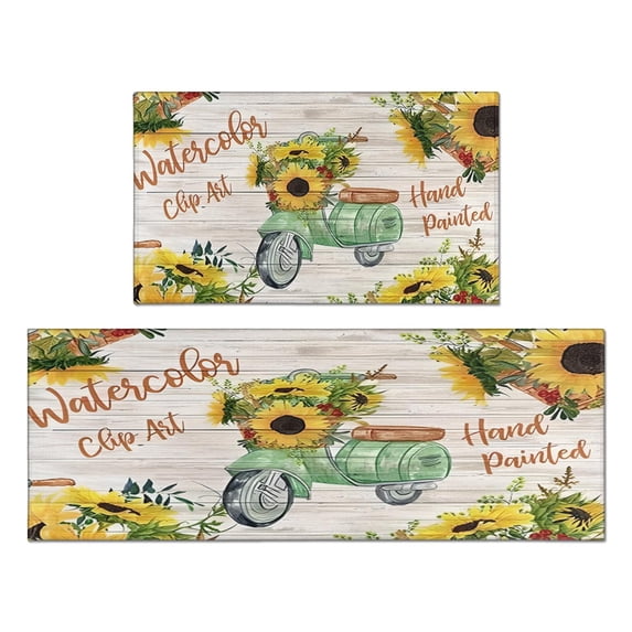 Kitchen Rugs and Mats Non Skid Washable Sunflower Wood Colored Flowers Kitchen Mat and Rug Set,Floor Cushion Waterproof Rug,Rubber Backed Area Rugs for Kitchen Laundry