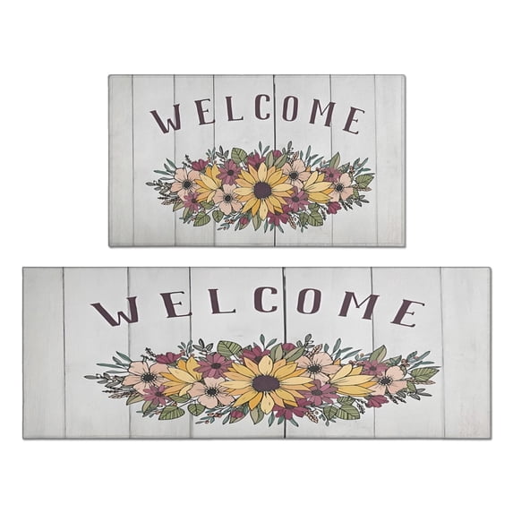 Kitchen Rugs and Mats Non Skid Washable Sunflower Wood Garland Kitchen Mat and Rug Set,Floor Cushion Waterproof Rug,Rubber Backed Area Rugs for Kitchen Laundry