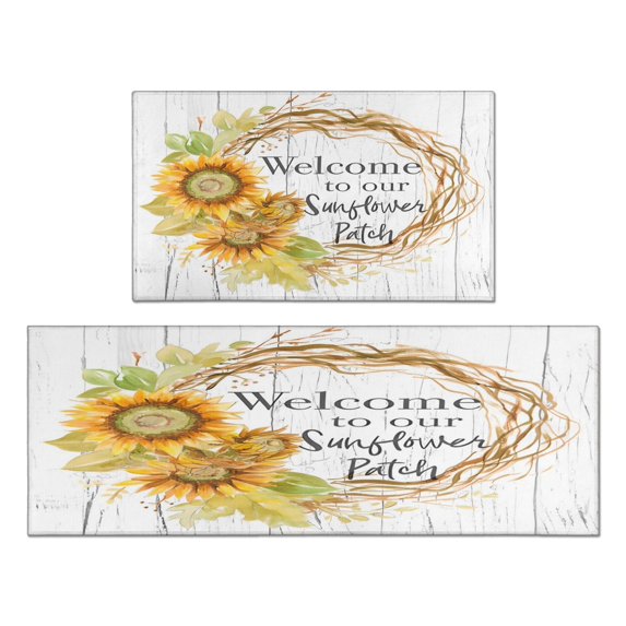 Kitchen Rugs and Mats Non Skid Washable Sunflower Wood Garland Kitchen Mat and Rug Set,Floor Cushion Waterproof Rug,Rubber Backed Area Rugs for Kitchen Laundry