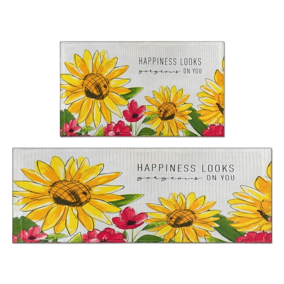 Kitchen Rugs and Mats Non Skid Washable Text Sunflower Flowers Kitchen Mat and Rug Set,Floor Cushion Waterproof Rug,Rubber Backed Area Rugs for Kitchen Laundry