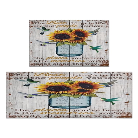 Kitchen Rugs and Mats Non Skid Washable Text Sunflower Flowers Kitchen Mat and Rug Set,Floor Cushion Waterproof Rug,Rubber Backed Area Rugs for Kitchen Laundry